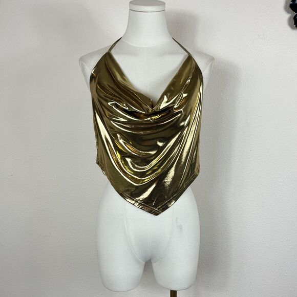Peach Shirt Womens Medium Gold Metallic Halter Cowl Party Top Clubwear 70s Disco - Picture 1 of 6